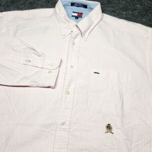 Tommy Hilfiger Mens Pink White Striped Button Down Oxford Shirt Preppy Crest L